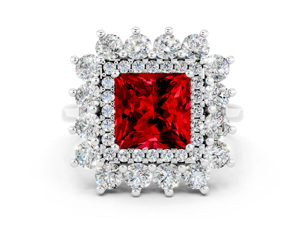Platinum Princess Cut Ruby Floral Double Halo Engagement Ring with Prong Setting