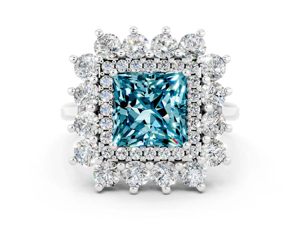 White gold Princess Cut Halo Cluster Diamond Ring with Pave Band and Four-Prong Setting