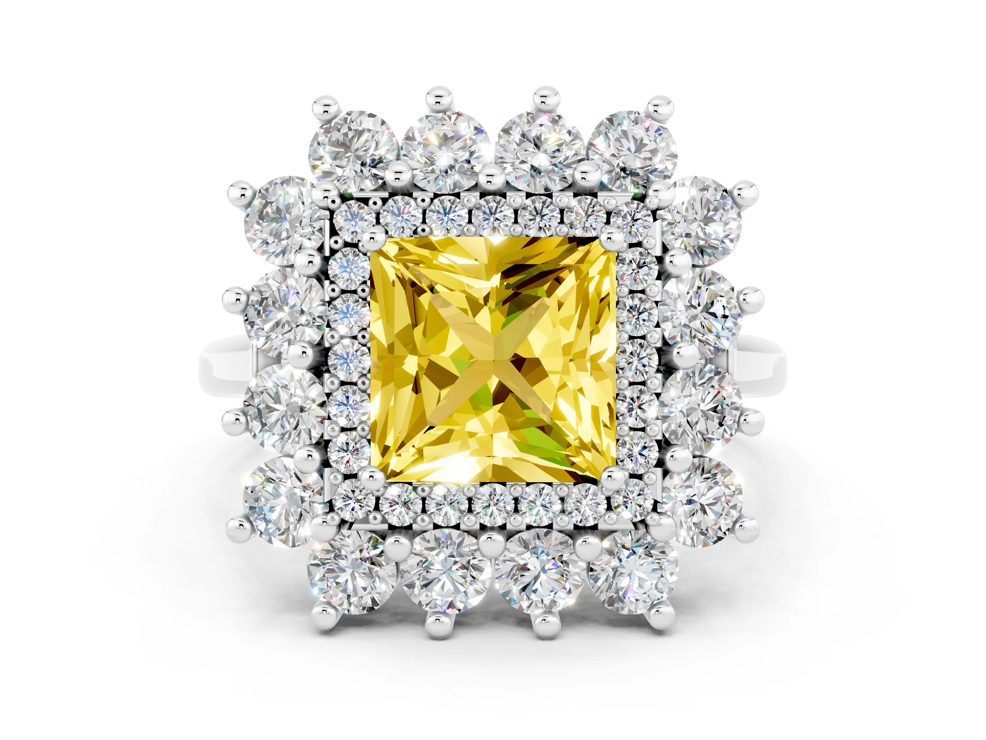 White gold Princess Cut Halo Cluster Diamond Ring with Pave Band and Four-Prong Setting_36
