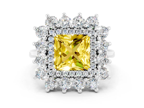 Silver Princess Cut Yellow Sapphire Floral Double Halo Engagement Ring with Prong Setting