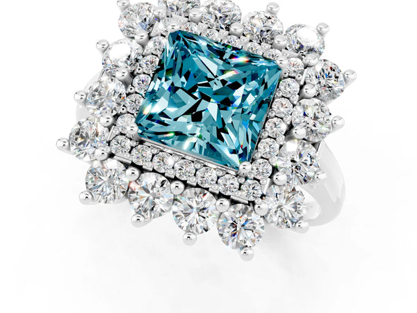White gold Princess Cut Halo Cluster Diamond Ring with Pave Band and Four-Prong Setting