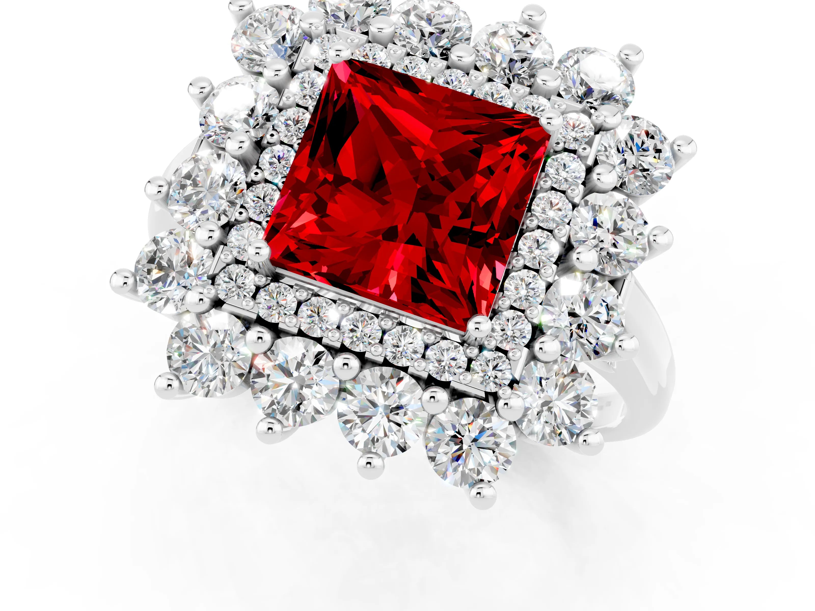 White gold Princess Cut Halo Cluster Diamond Ring with Pave Band and Four-Prong Setting_40