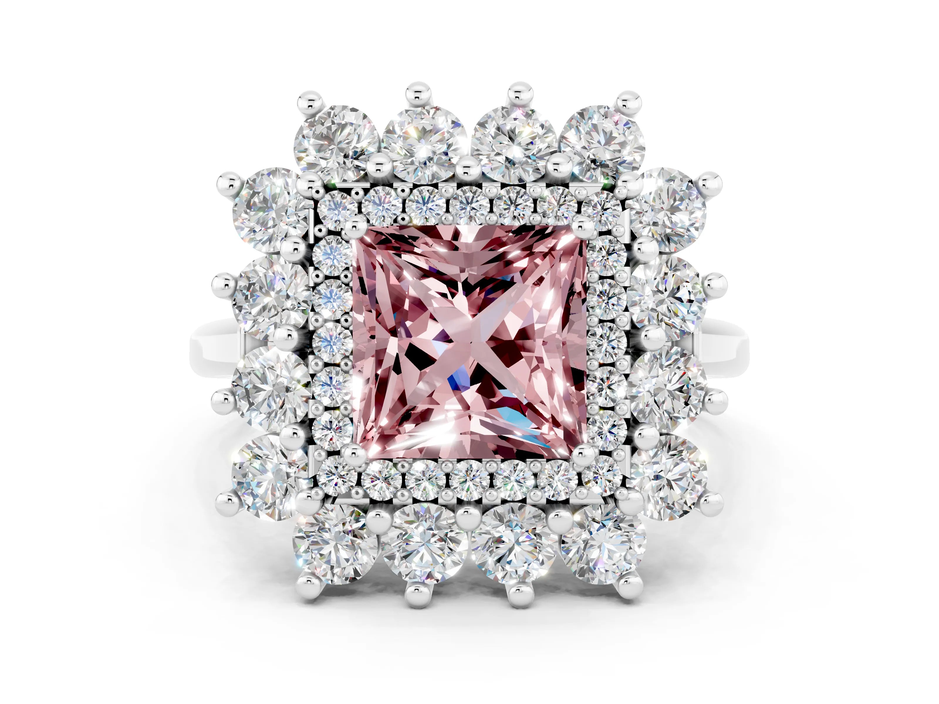 White gold Princess Cut Halo Cluster Diamond Ring with Pave Band and Four-Prong Setting_42
