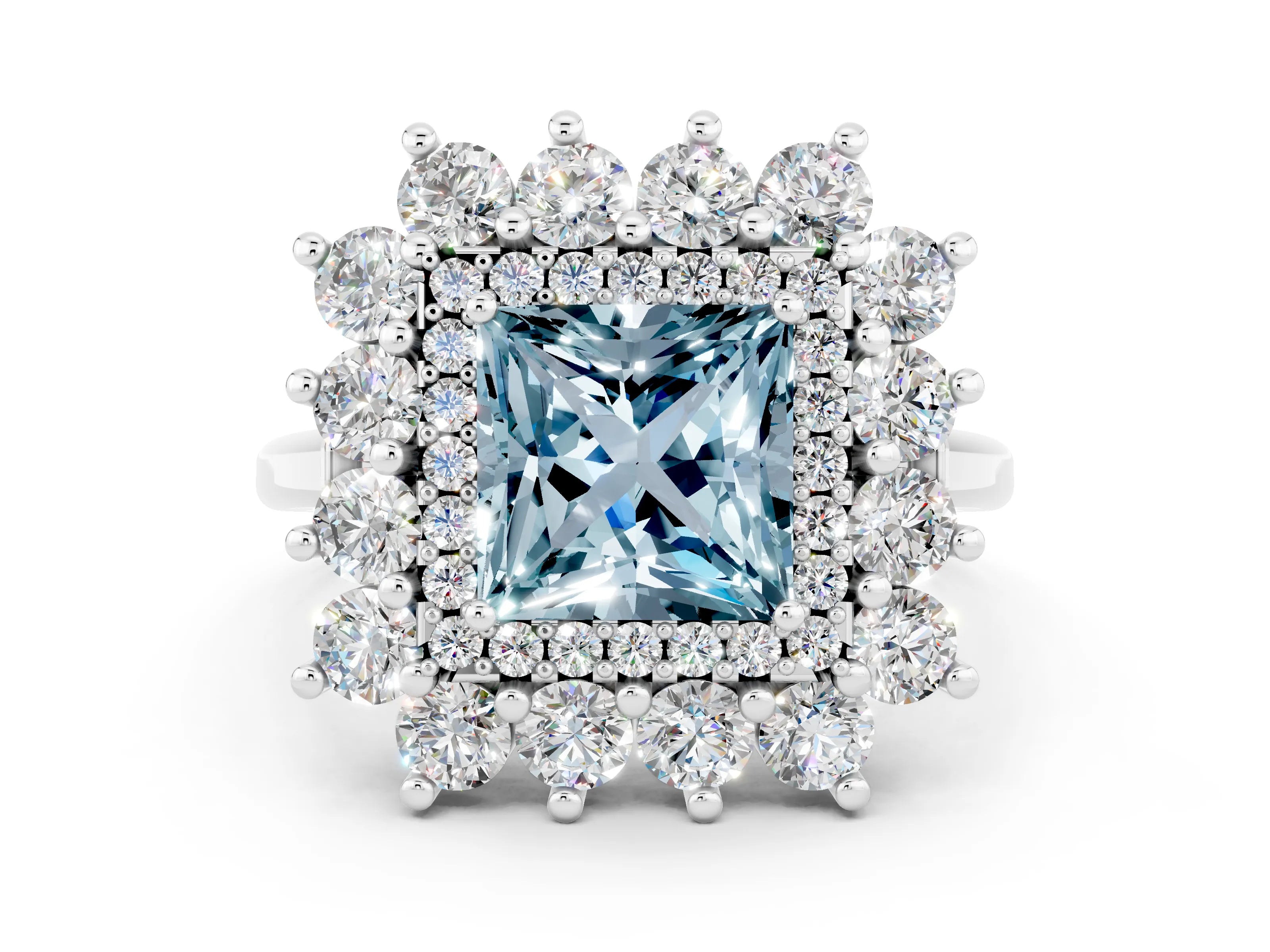 White gold Princess Cut Halo Cluster Diamond Ring with Pave Band and Four-Prong Setting_42