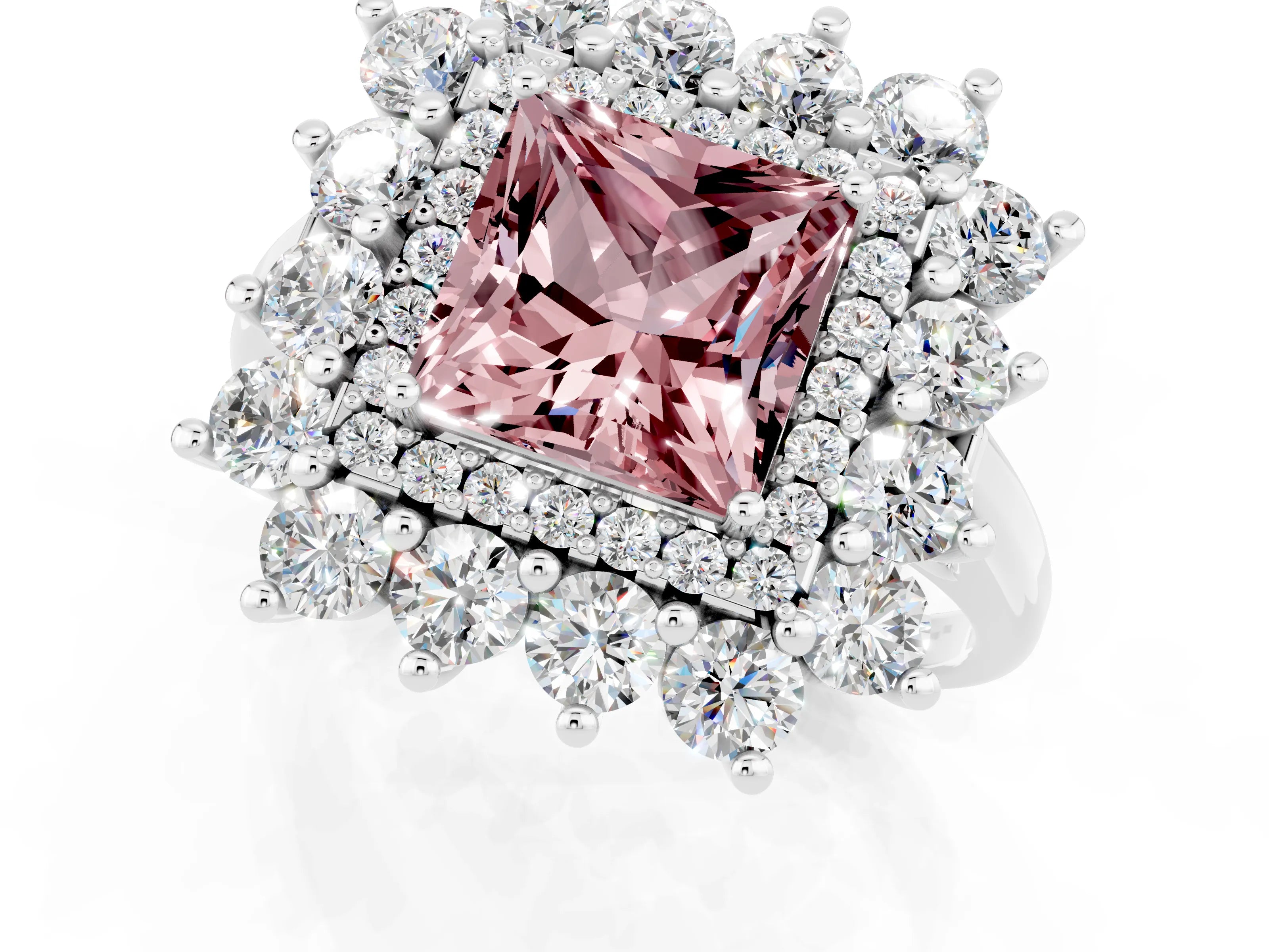 White gold Princess Cut Halo Cluster Diamond Ring with Pave Band and Four-Prong Setting_43