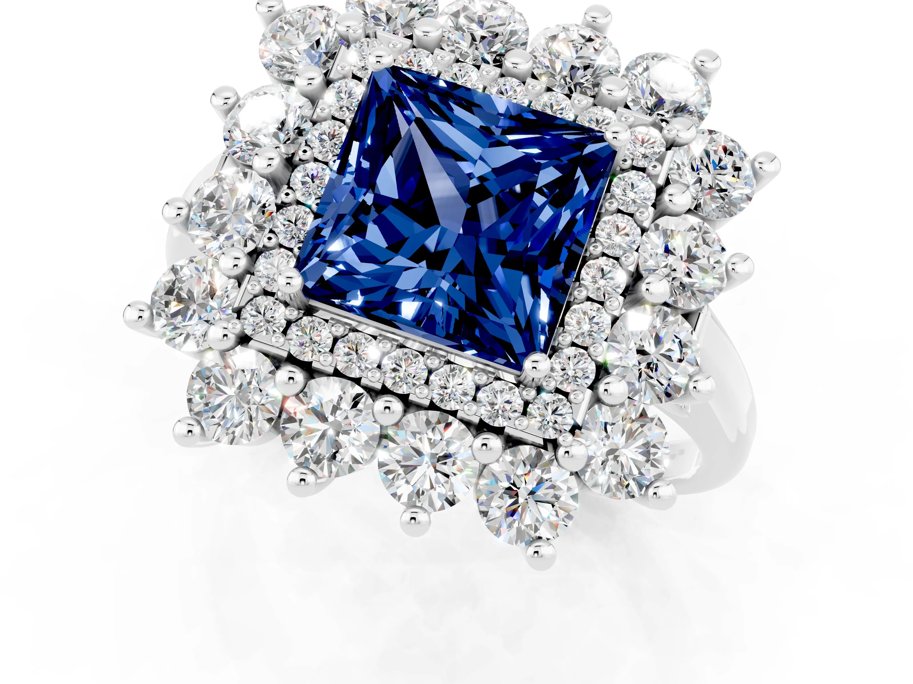 White gold Princess Cut Halo Cluster Diamond Ring with Pave Band and Four-Prong Setting_46