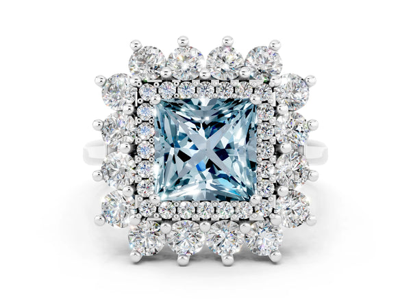 Silver Princess Cut Aquamarine Floral Double Halo Engagement Ring with Prong Setting