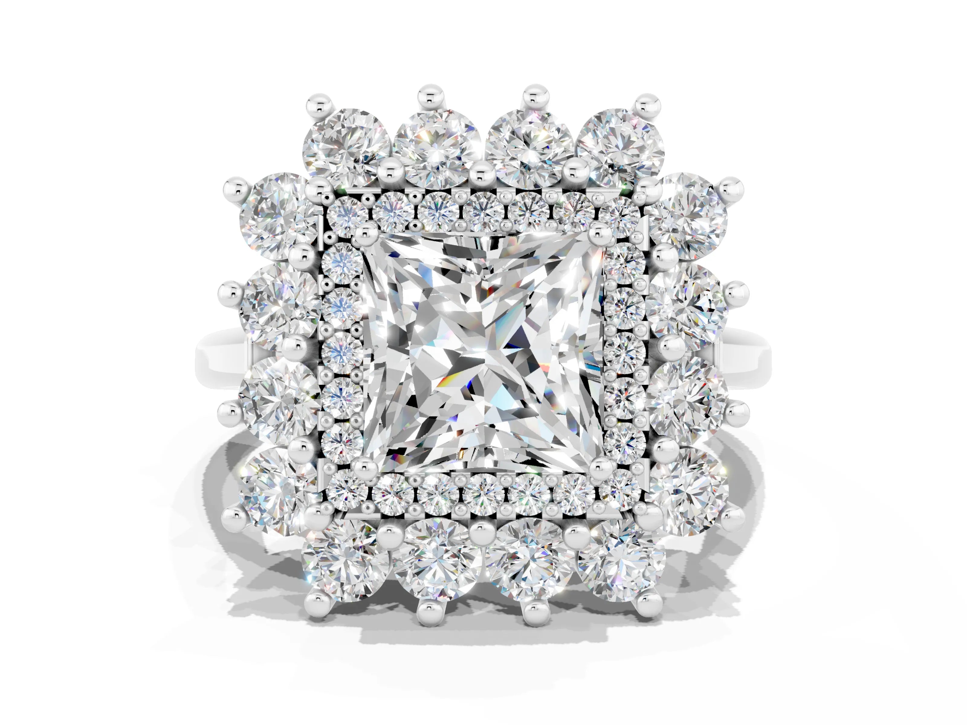 White gold Princess Cut Halo Cluster Diamond Ring with Pave Band and Four-Prong Setting_48