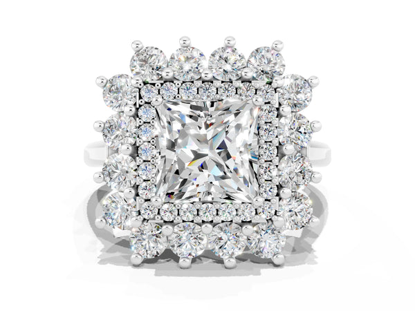 White gold Princess Cut Moissanite Floral Double Halo Engagement Ring with Prong Setting