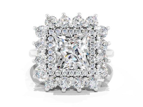 White gold Princess Cut Halo Cluster Diamond Ring with Pave Band and Four-Prong Setting_48
