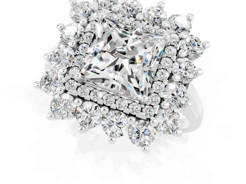 White gold Princess Cut Halo Cluster Diamond Ring with Pave Band and Four-Prong Setting_49