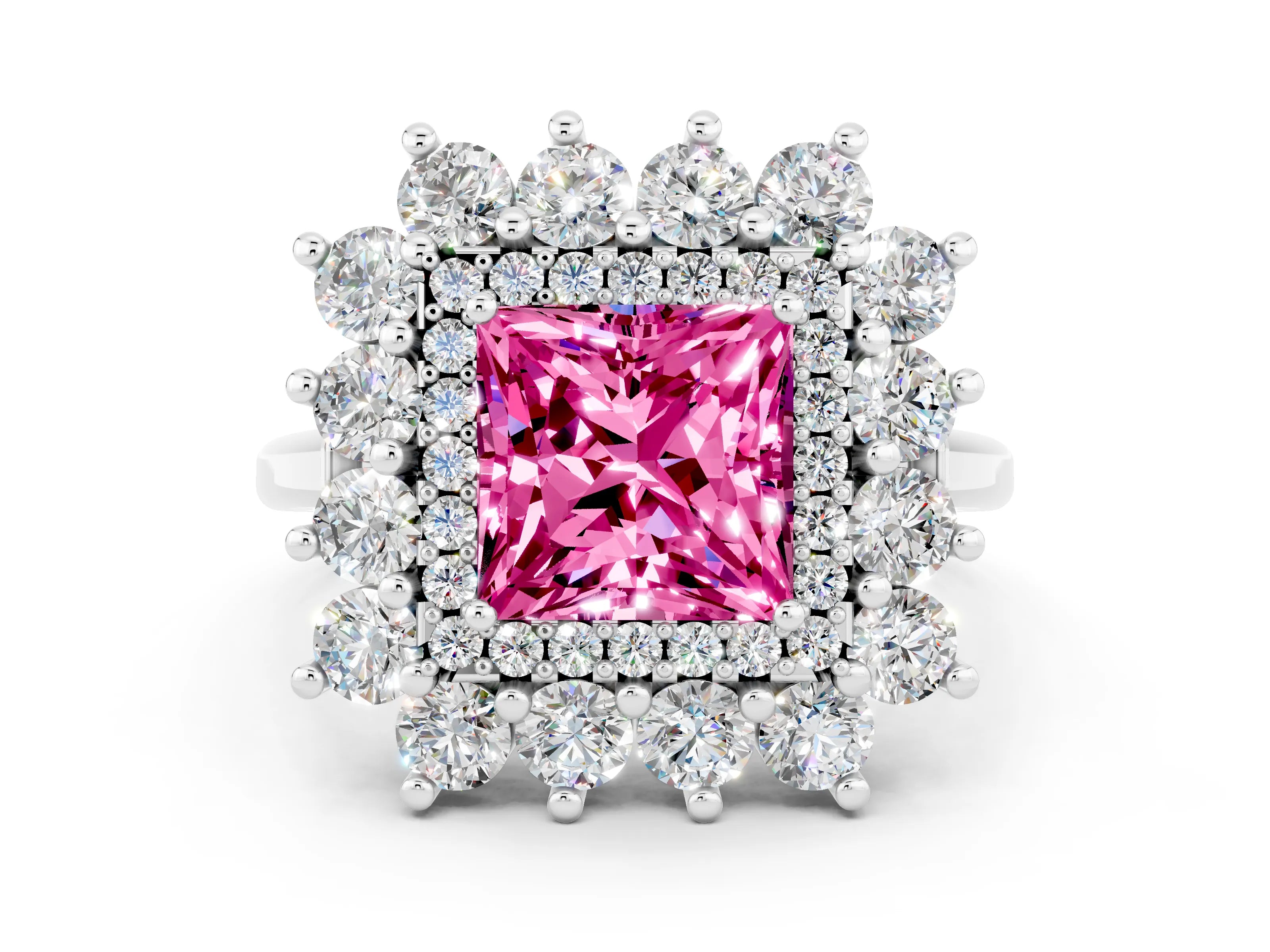 White gold Princess Cut Halo Cluster Diamond Ring with Pave Band and Four-Prong Setting