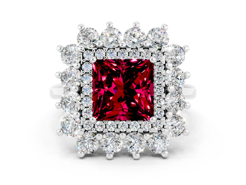 White gold Princess Cut Halo Cluster Diamond Ring with Pave Band and Four-Prong Setting