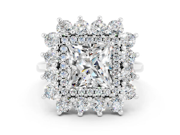 Platinum Princess Cut Moissanite Floral Double Halo Engagement Ring with Prong Setting