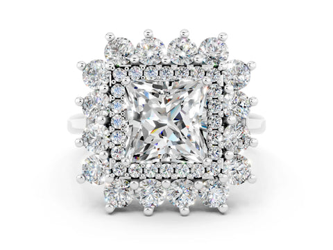 White gold Princess Cut Halo Cluster Diamond Ring with Pave Band and Four-Prong Setting_56