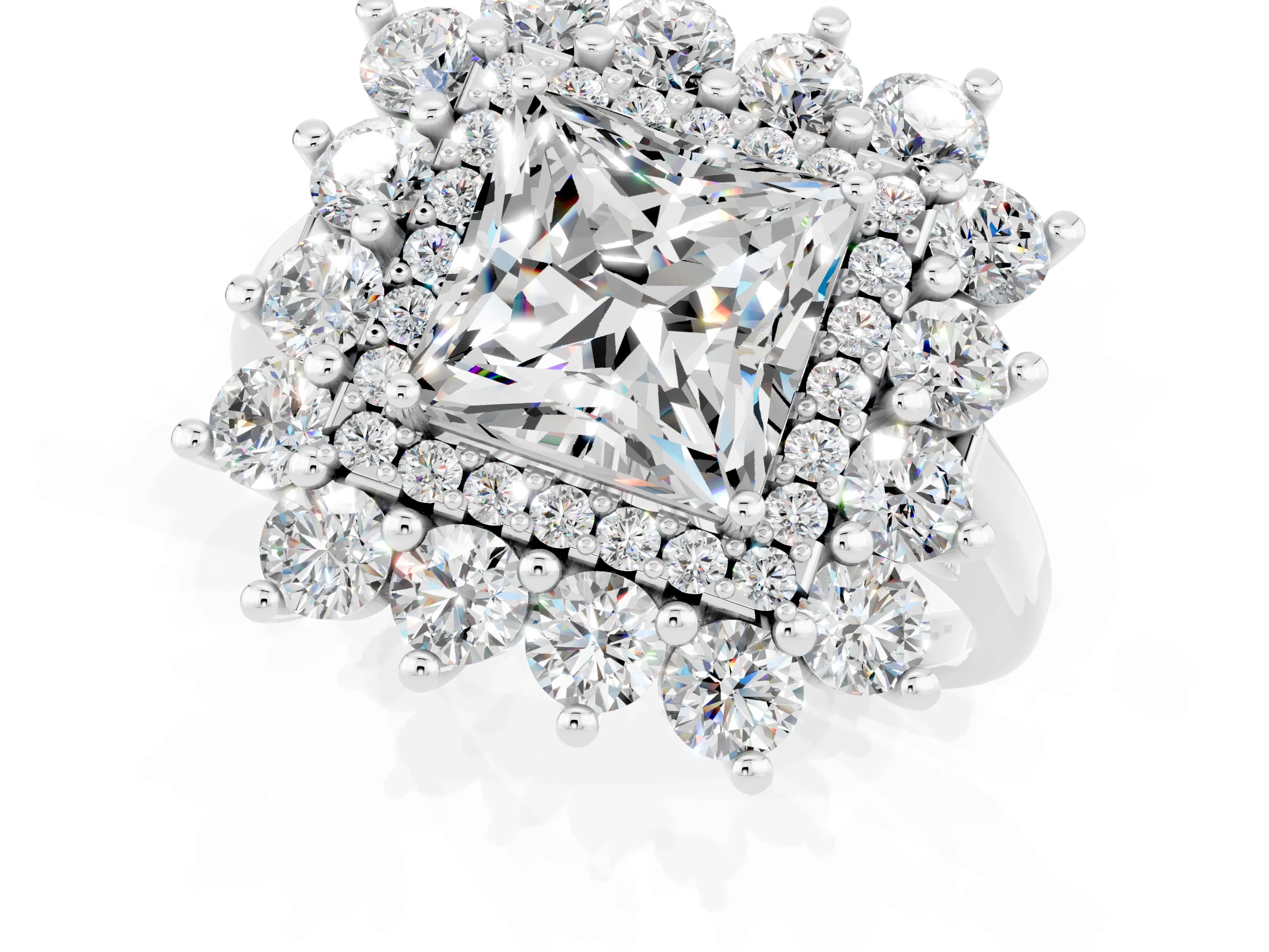 White gold Princess Cut Halo Cluster Diamond Ring with Pave Band and Four-Prong Setting_57