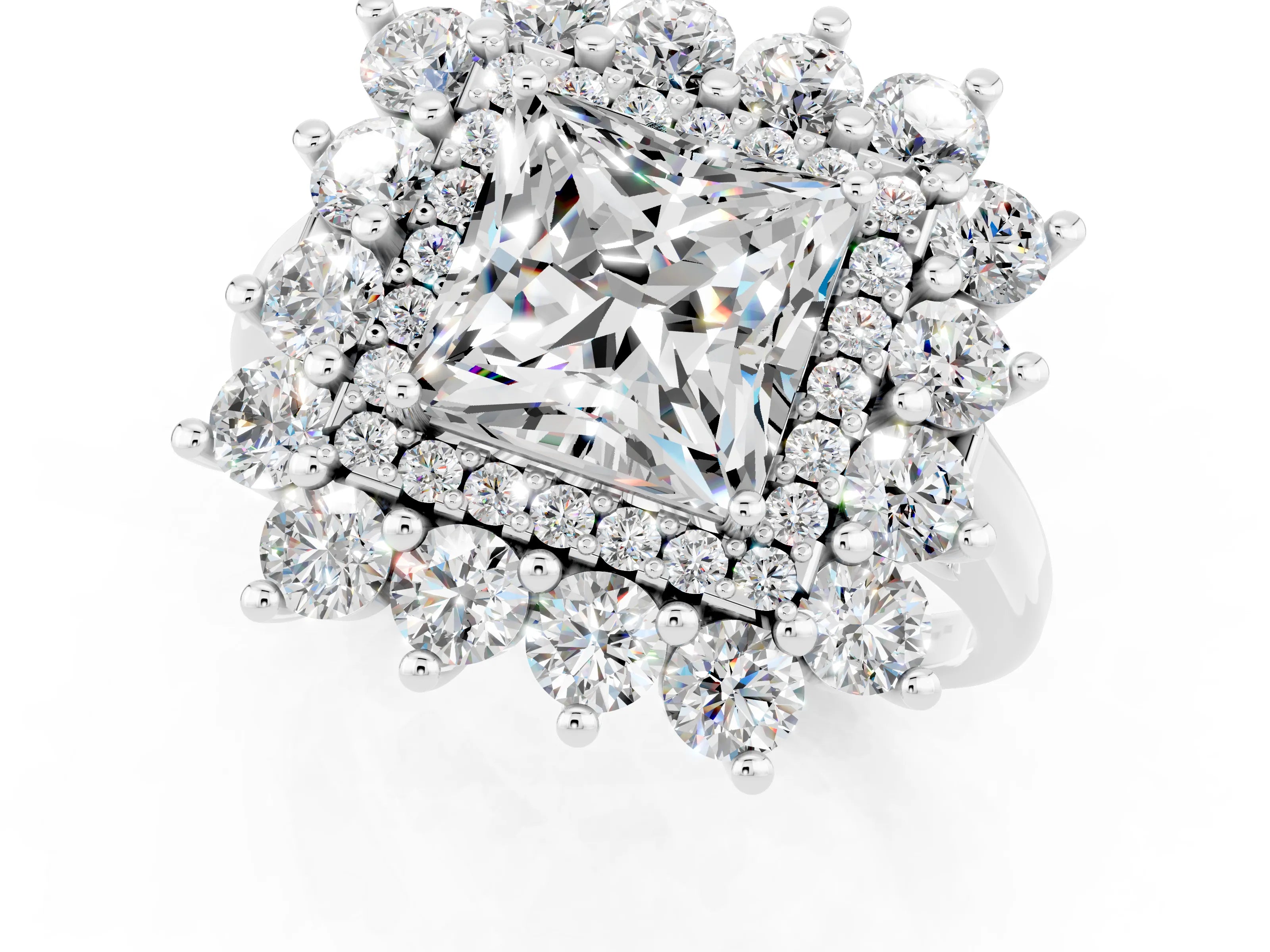 White gold Princess Cut Halo Cluster Diamond Ring with Pave Band and Four-Prong Setting_61