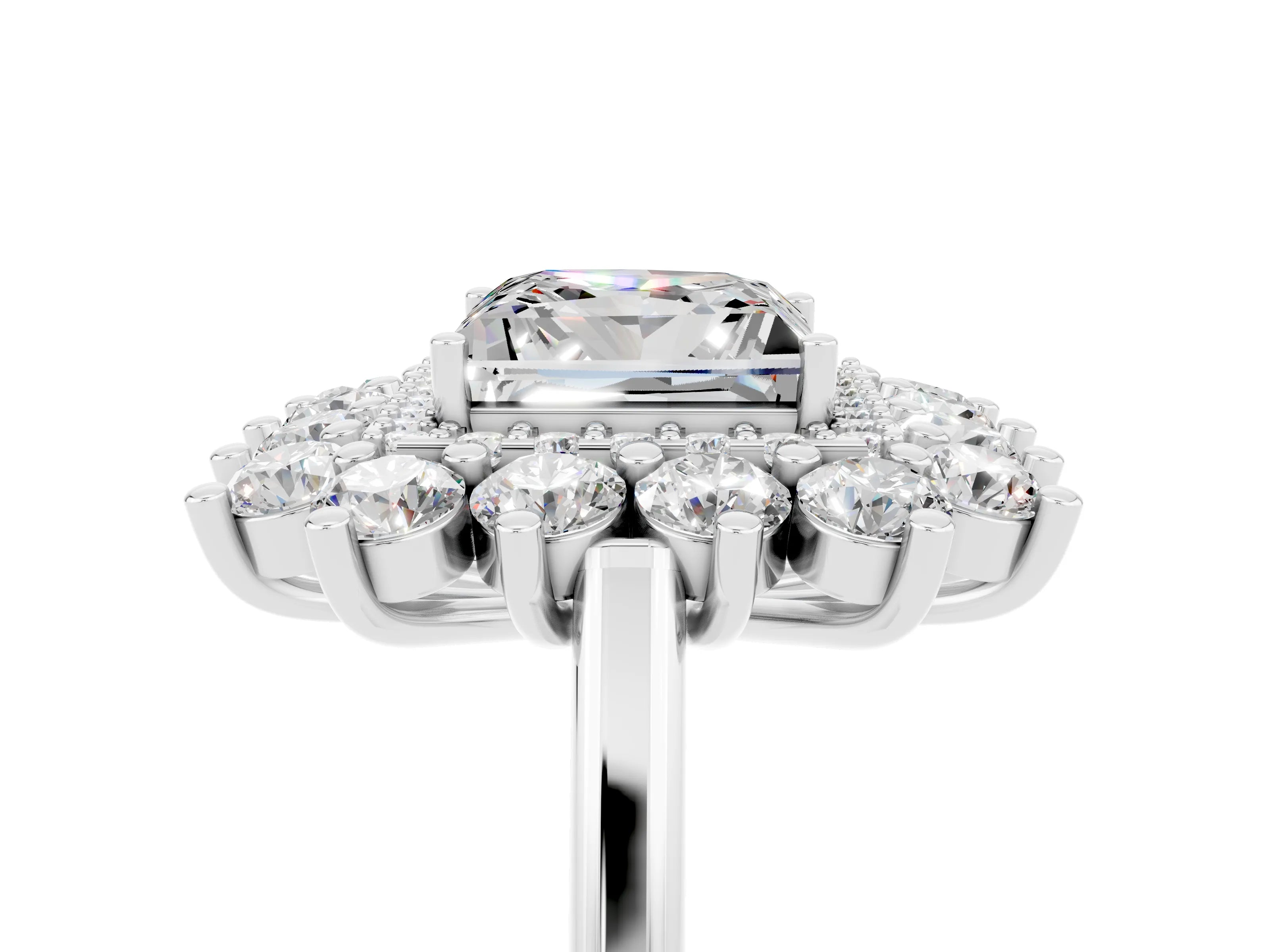 White gold Princess Cut Halo Cluster Diamond Ring with Pave Band and Four-Prong Setting_65