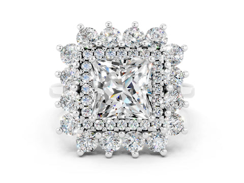 White gold Princess Cut Halo Cluster Diamond Ring with Pave Band and Four-Prong Setting_66