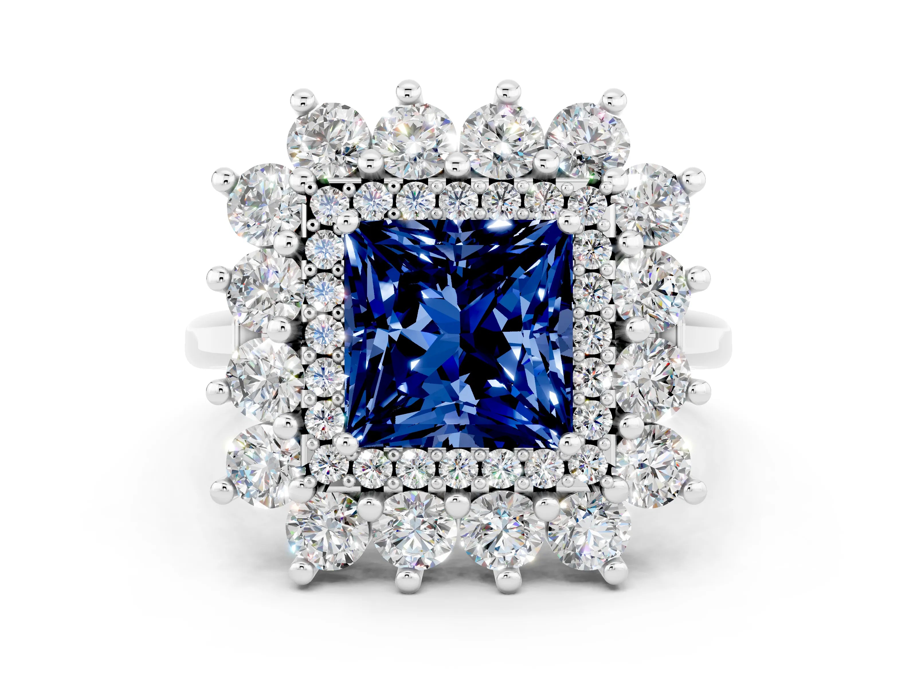 White gold Princess Cut Halo Cluster Diamond Ring with Pave Band and Four-Prong Setting_6