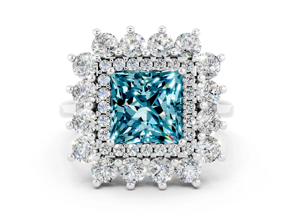 White gold Princess Cut Halo Cluster Diamond Ring with Pave Band and Four-Prong Setting