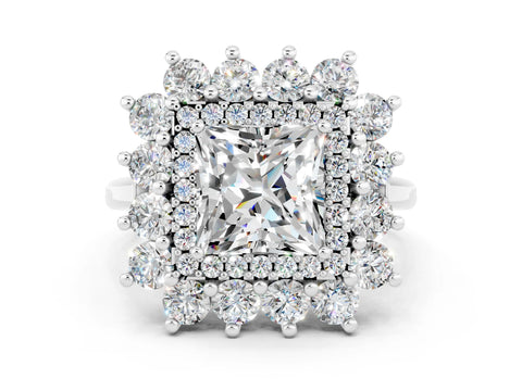White gold Princess Cut Halo Cluster Diamond Ring with Pave Band and Four-Prong Setting_6
