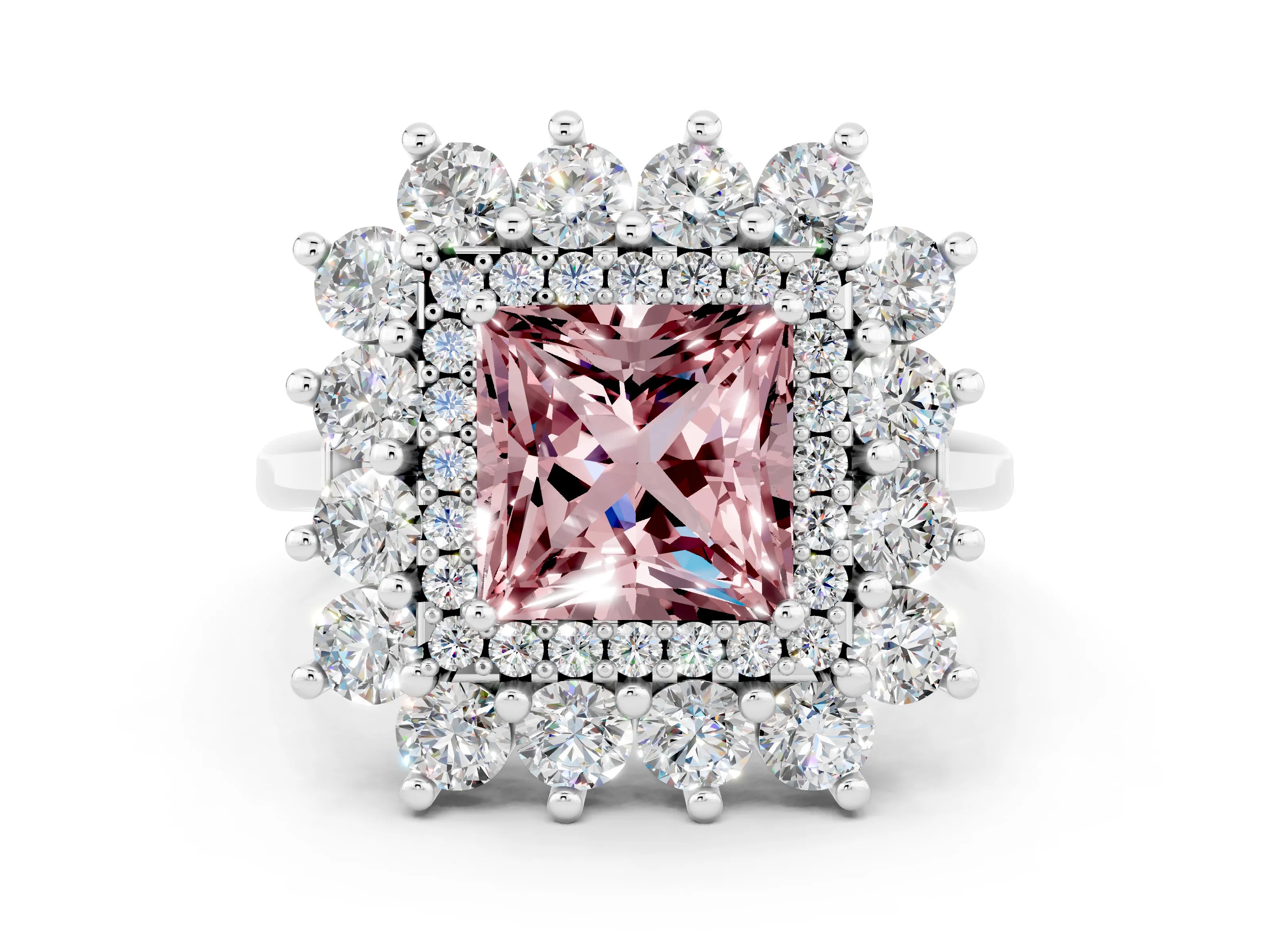 White gold Princess Cut Halo Cluster Diamond Ring with Pave Band and Four-Prong Setting_6