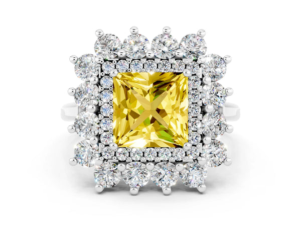 White gold Princess Cut Yellow Sapphire Floral Double Halo Engagement Ring with Prong Setting