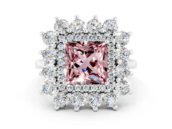 White gold Princess Cut Halo Cluster Diamond Ring with Pave Band and Four-Prong Setting