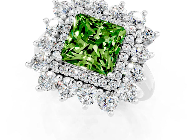 Platinum Princess Cut Halo Cluster Diamond Ring with Pave Band and Four-Prong Setting