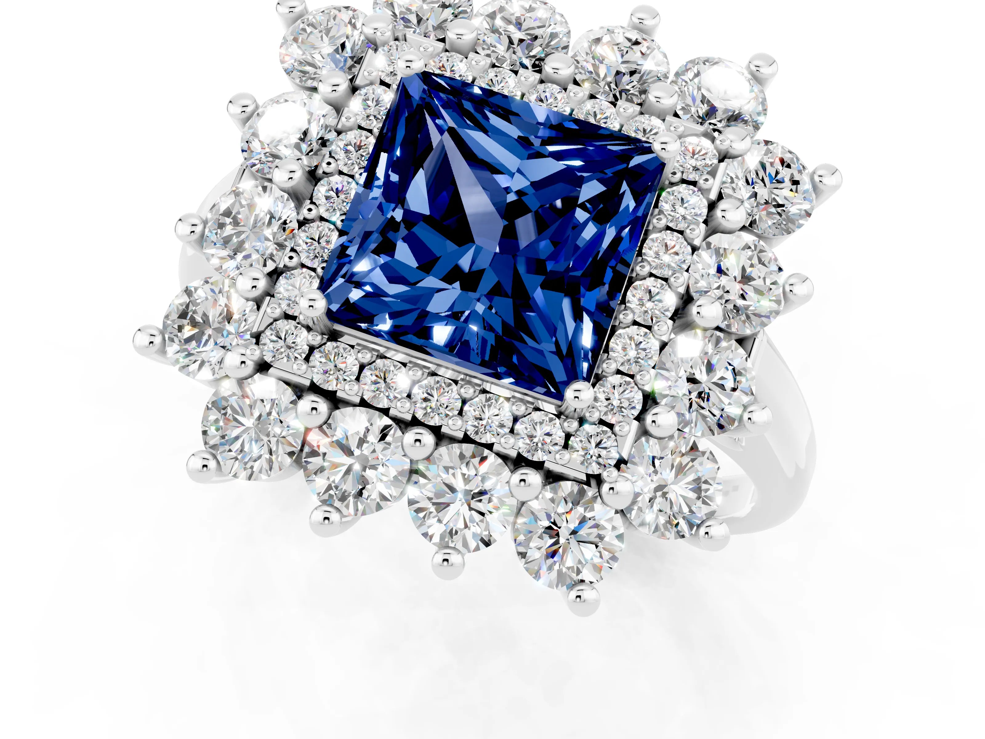 White gold Princess Cut Halo Cluster Diamond Ring with Pave Band and Four-Prong Setting_7