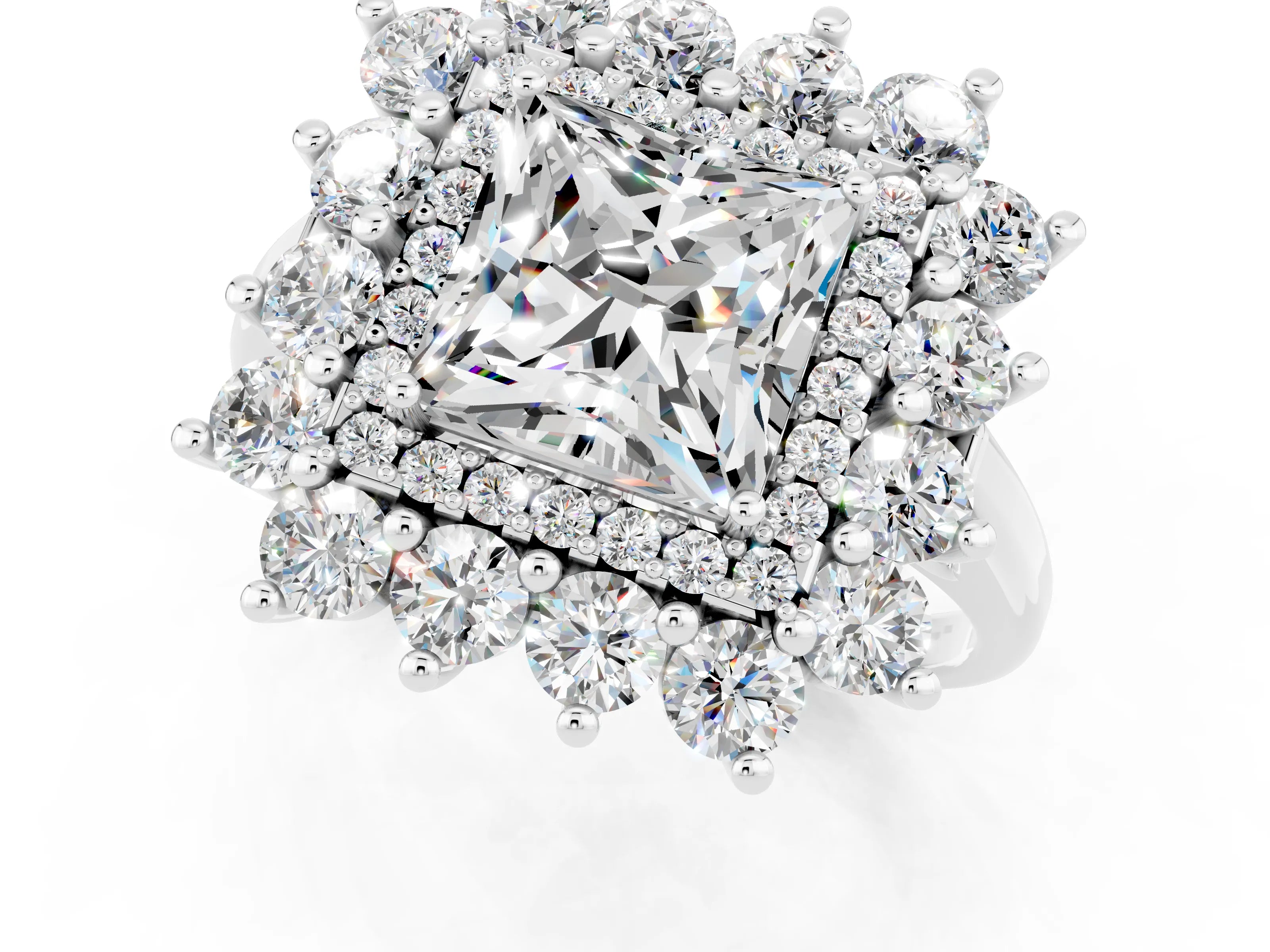 White gold Princess Cut Halo Cluster Diamond Ring with Pave Band and Four-Prong Setting_7