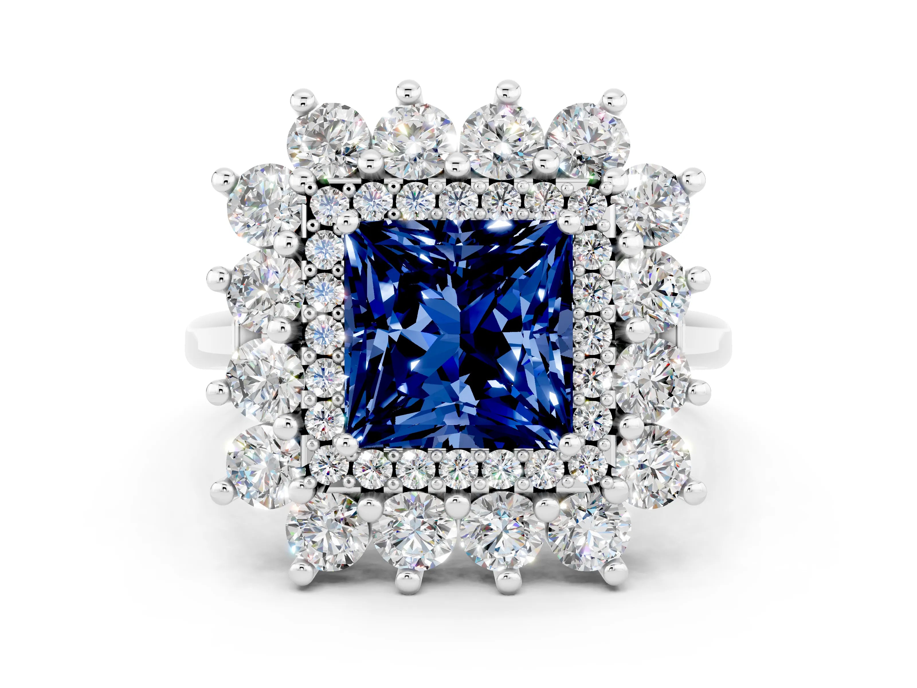 White gold Princess Cut Halo Cluster Diamond Ring with Pave Band and Four-Prong Setting