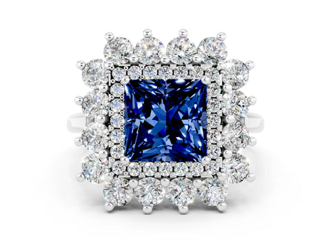 White gold Princess Cut Halo Cluster Diamond Ring with Pave Band and Four-Prong Setting