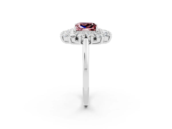 Silver Princess Cut Halo Cluster Diamond Ring with Pave Band and Four-Prong Setting