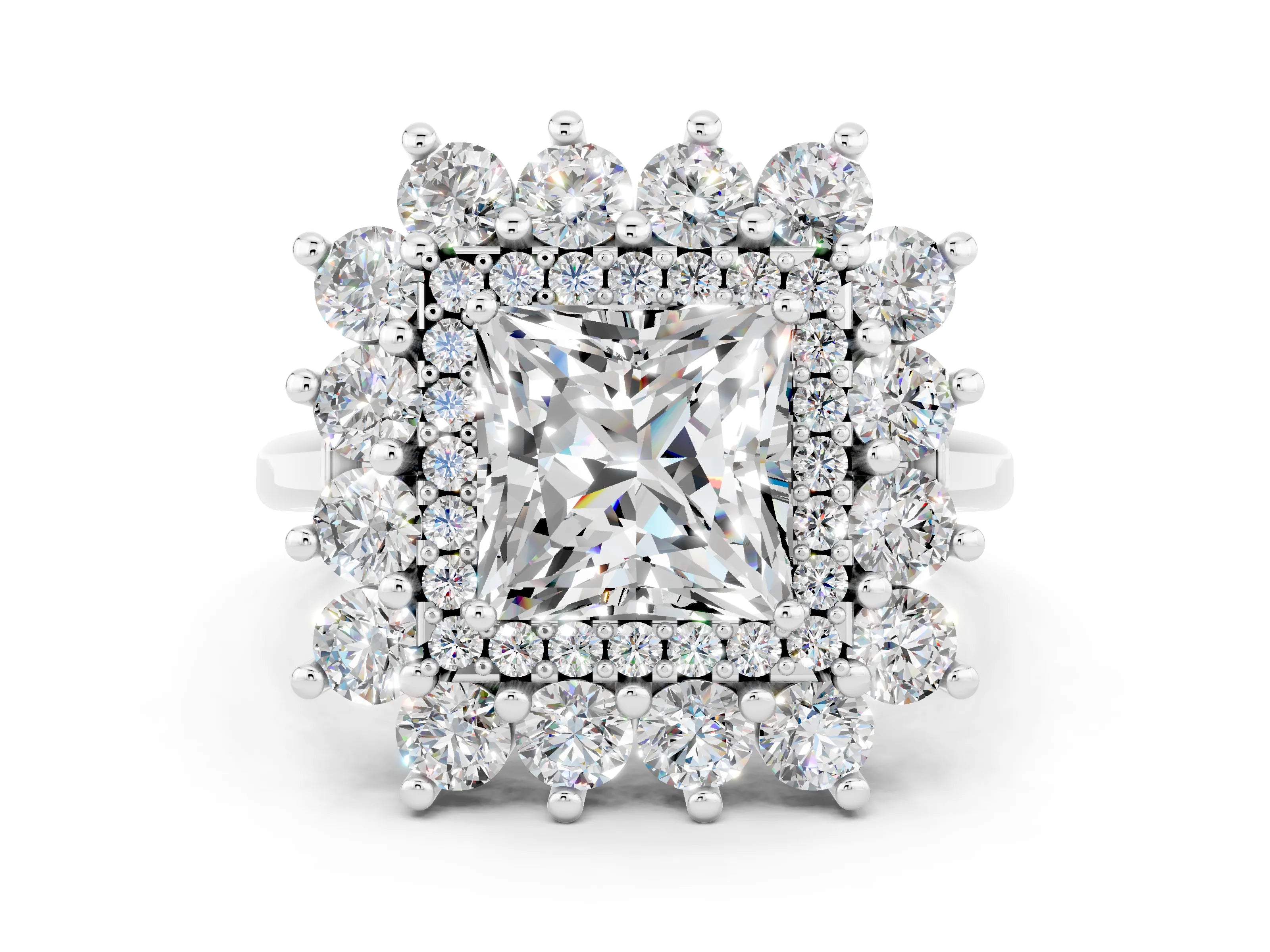 White gold Princess Cut Halo Cluster Diamond Ring with Pave Band and Four-Prong Setting