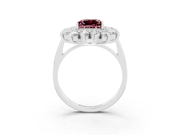 Silver Princess Cut Halo Cluster Diamond Ring with Pave Band and Four-Prong Setting