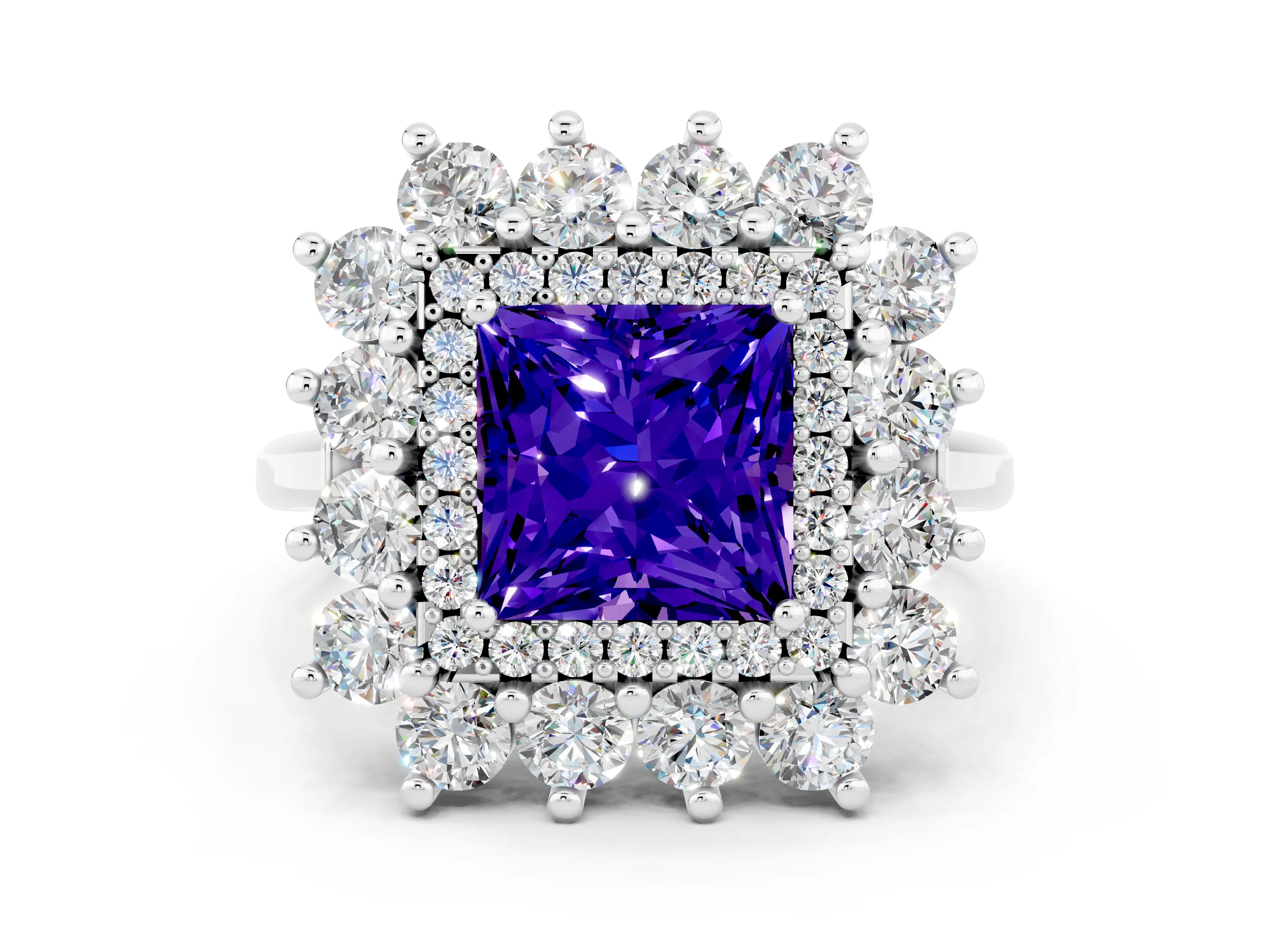 White gold Princess Cut Halo Cluster Diamond Ring with Pave Band and Four-Prong Setting