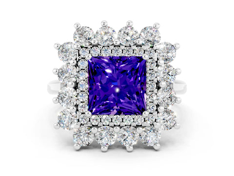 White gold Princess Cut Halo Cluster Diamond Ring with Pave Band and Four-Prong Setting