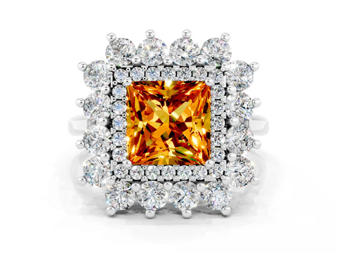 White gold Princess Cut Halo Cluster Diamond Ring with Pave Band and Four-Prong Setting