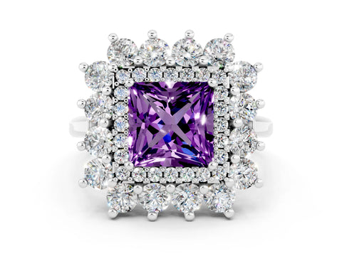 White gold Princess Cut Halo Cluster Diamond Ring with Pave Band and Four-Prong Setting