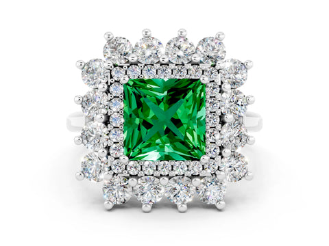 White gold Princess Cut Halo Cluster Diamond Ring with Pave Band and Four-Prong Setting