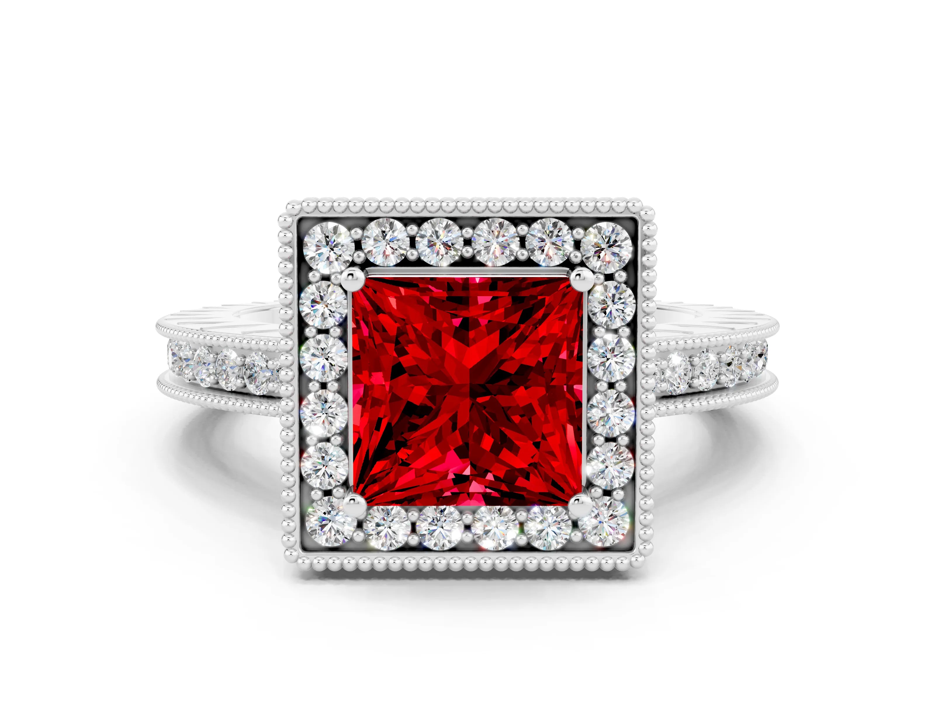 White gold Princess Cut Halo Diamond Engagement Ring with Milgrain Pave Band and Four-Prong Setting