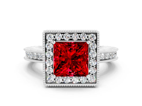 Platinum Princess Cut Halo Diamond Engagement Ring with Milgrain Pave Band and Four-Prong Setting