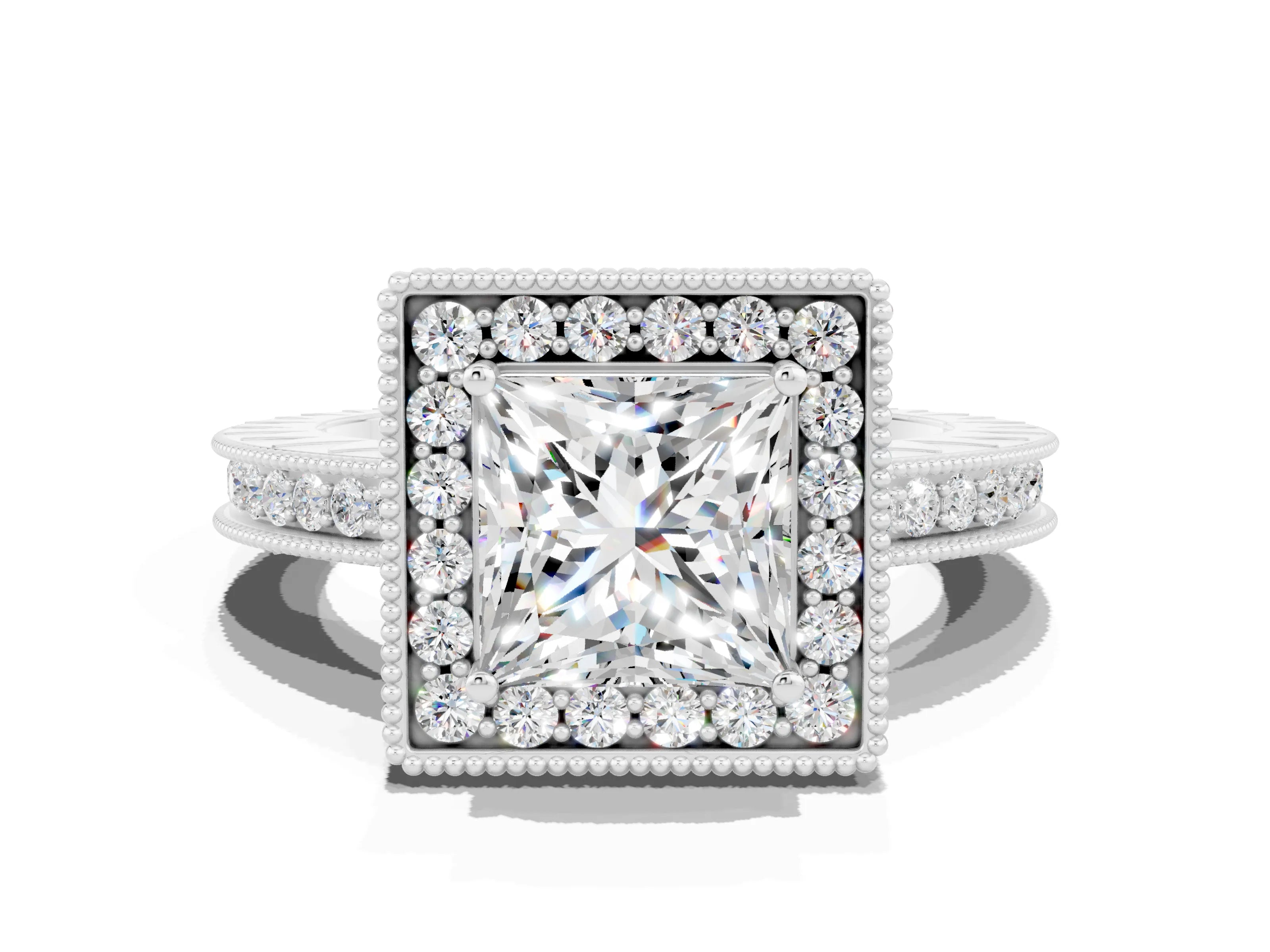 White gold Princess Cut Halo Diamond Engagement Ring with Milgrain Pave Band and Four-Prong Setting