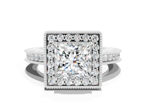 White gold Princess Cut Halo Diamond Engagement Ring with Milgrain Pave Band and Four-Prong Setting