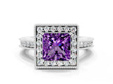 White gold Princess Cut Halo Diamond Engagement Ring with Milgrain Pave Band and Four-Prong Setting