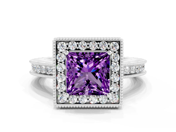 Silver Princess Cut Amethyst Milgrain Halo Engagement Ring with Round Pavé Band and Prong Setting
