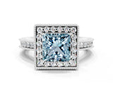White gold Princess Cut Halo Diamond Engagement Ring with Milgrain Pave Band and Four-Prong Setting