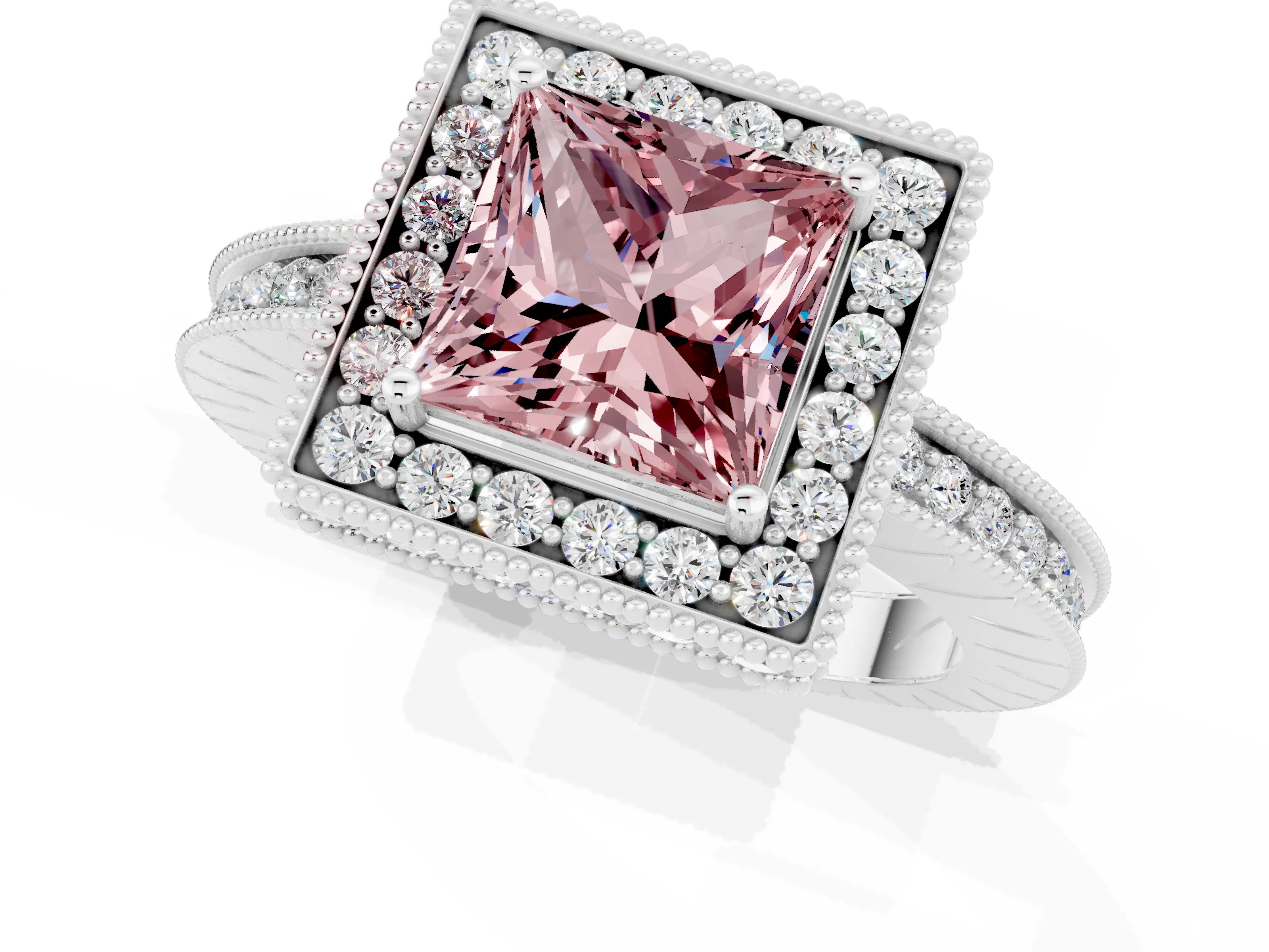 White gold Princess Cut Halo Diamond Engagement Ring with Milgrain Pave Band and Four-Prong Setting_1